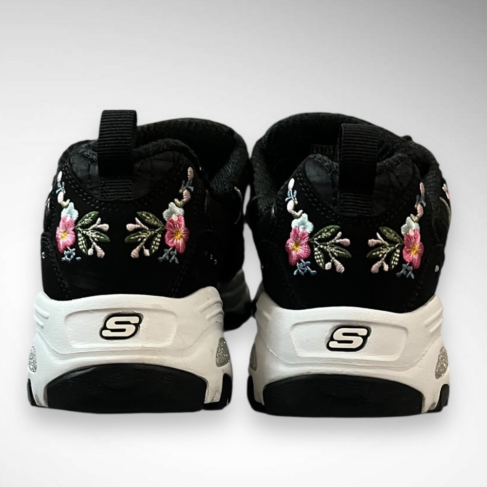 SKECHERS D'Lites Bright Blossoms Black Sneakers Floral‎ Embroidery Leather Upper - Picture 6 of 11
